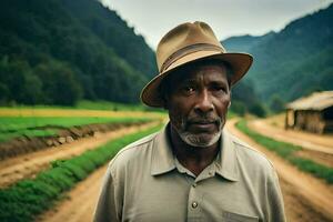 a man in a hat standing in a dirt road. AI-Generated photo