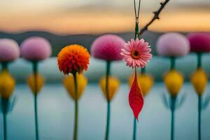 vistoso flores son colgando desde un cerca. generado por ai foto