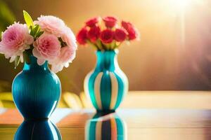 two vases with pink flowers on a table. AI-Generated photo