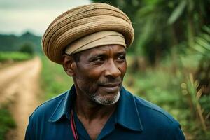 a man wearing a hat on a dirt road. AI-Generated photo