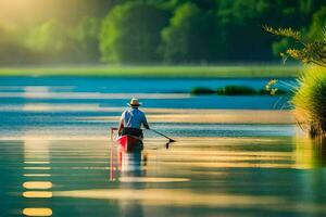 un hombre paletas un canoa en un lago a amanecer. generado por ai foto
