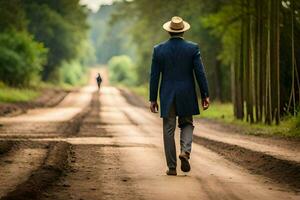 un hombre en un traje y sombrero caminando abajo un suciedad la carretera. generado por ai foto