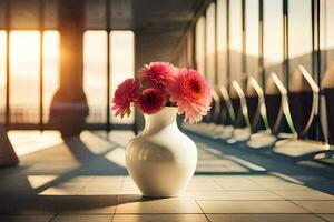 a vase with pink flowers sitting in front of a large window. AI-Generated photo