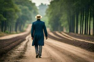 un hombre en un azul traje y sombrero caminando abajo un suciedad la carretera. generado por ai foto