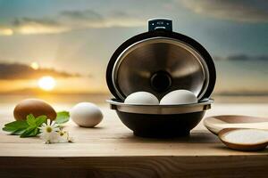 eggs in a bowl on a table with a sunset in the background. AI-Generated photo