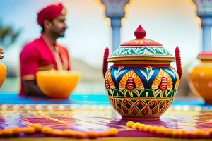 a man in a turban is standing next to colorful vases. AI-Generated photo