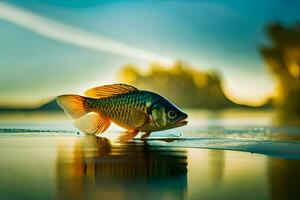 un pescado es en pie en el agua con un puesta de sol en el antecedentes. generado por ai foto