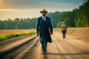 un hombre en un traje y sombrero caminando abajo un suciedad la carretera. generado por ai foto