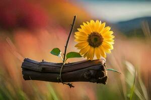 a single yellow sunflower sits on a branch in a field. AI-Generated photo