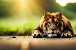 a lion laying on the ground with the sun shining. AI-Generated photo