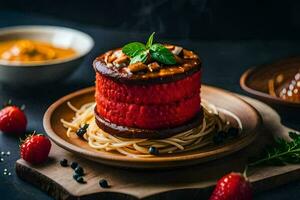 a plate of food with a red meat and a strawberry. AI-Generated photo