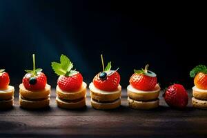 a row of mini sandwiches with strawberries and mint. AI-Generated photo