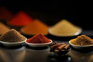 a variety of spices in bowls. AI-Generated photo