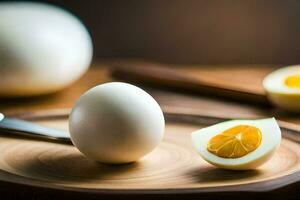 un blanco hervido huevo en un corte tablero. generado por ai foto