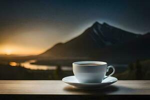 a cup of coffee on a table in front of a mountain view. AI-Generated photo
