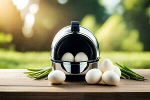 an egg cooker with eggs and green beans. AI-Generated photo
