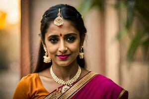 a beautiful indian woman wearing a pink sari. AI-Generated photo