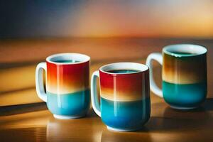 three colorful coffee mugs on a table. AI-Generated photo