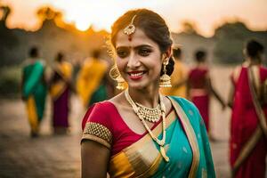 a woman in a colorful sari smiles at the camera. AI-Generated photo