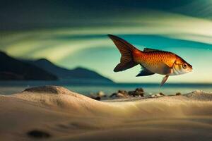un pescado nadando en el Oceano con un puesta de sol. generado por ai foto