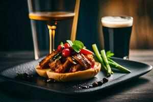 a sandwich with vegetables and a glass of beer. AI-Generated photo