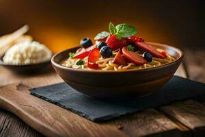 a bowl of pasta with berries and mint leaves. AI-Generated photo