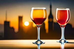 dos lentes de vino con el ciudad en el antecedentes. generado por ai foto