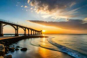 a bridge over the ocean at sunset. AI-Generated photo