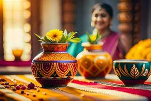 a woman sits in front of colorful vases and cups. AI-Generated photo