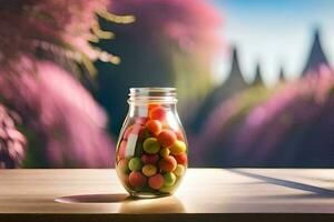 a jar filled with colorful candies on a table. AI-Generated photo