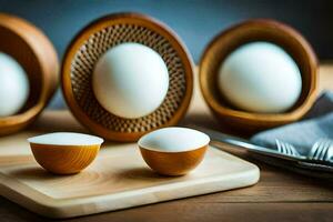 eggs in wooden baskets on a cutting board. AI-Generated photo