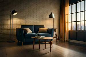 a living room with a couch, lamp and table. AI-Generated photo