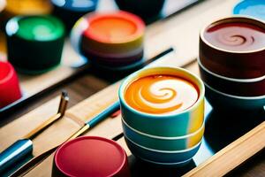 colorful cups and brushes on a table. AI-Generated photo