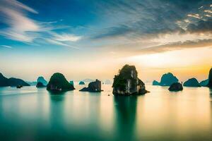 the sunrise over halong bay, vietnam. AI-Generated photo