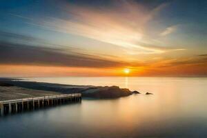 a long exposure photograph of a pier at sunset. AI-Generated photo