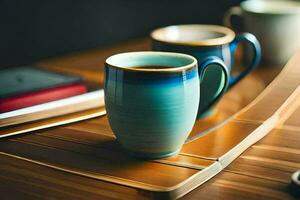 two coffee cups on a table with a laptop. AI-Generated photo