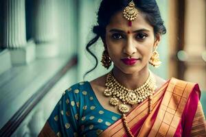 a woman in traditional sari with gold jewelry. AI-Generated photo