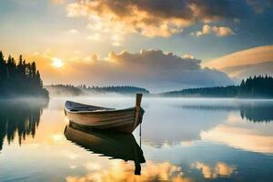 a boat sits on the water at sunrise. AI-Generated photo