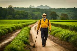 an old man walking through a tea plantation. AI-Generated photo