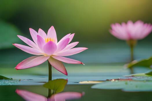dos rosado loto flores son en el agua. generado por ai foto