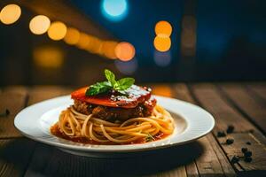 espaguetis con carne y tomate salsa en un lámina. generado por ai foto