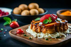 a plate with noodles, strawberries and meat on it. AI-Generated photo