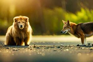 two dogs standing on the road in front of a forest. AI-Generated photo