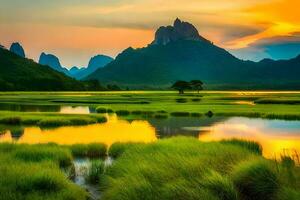 el montañas son reflejado en el agua y césped. generado por ai foto