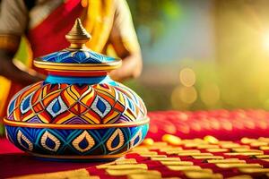 a woman is placing a colorful pot on a table. AI-Generated photo