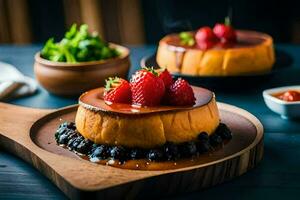 un postre con fresas y arándanos en un de madera tablero. generado por ai foto