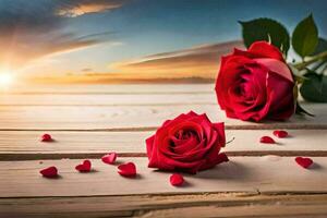 two red roses on a wooden table with the sun setting behind. AI-Generated photo