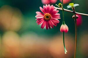 pink flowers hanging from a branch with a blurred background. AI-Generated photo