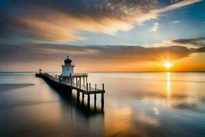 un faro soportes en un muelle a puesta de sol. generado por ai foto