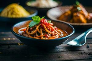 a bowl of pasta with tomato sauce and basil leaves. AI-Generated photo